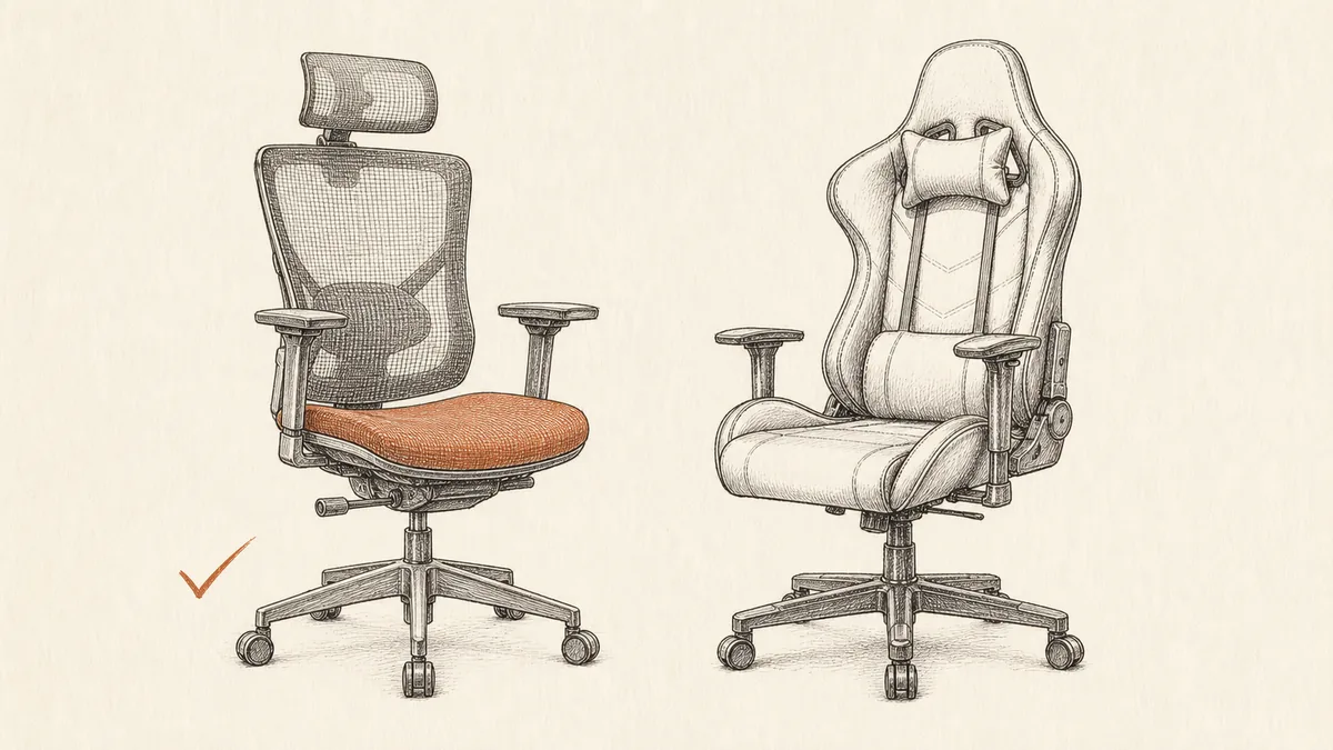 メッシュのオフィスチェア(本命の印つき)と、レーシング型ゲーミングチェアを並べた線画